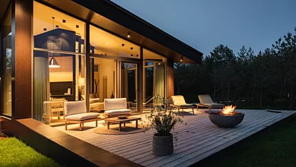 Modern outdoor living space with the contemporary Mix 850 fire pit creating warmth and atmosphere on a patio beside a glass-walled home